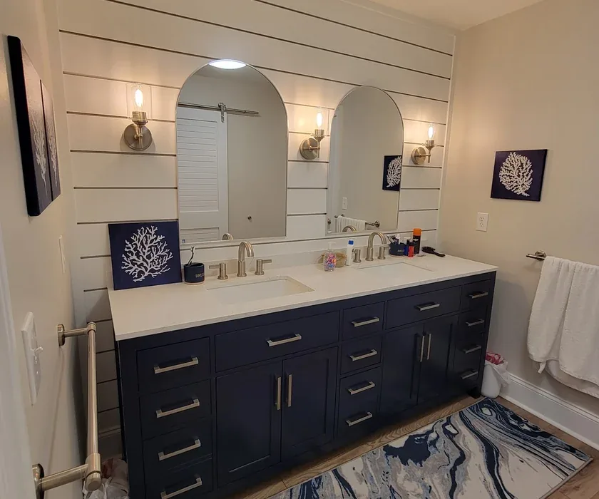 Guest bathroom remodel with ceramic tile floor, vanity and stone countertop