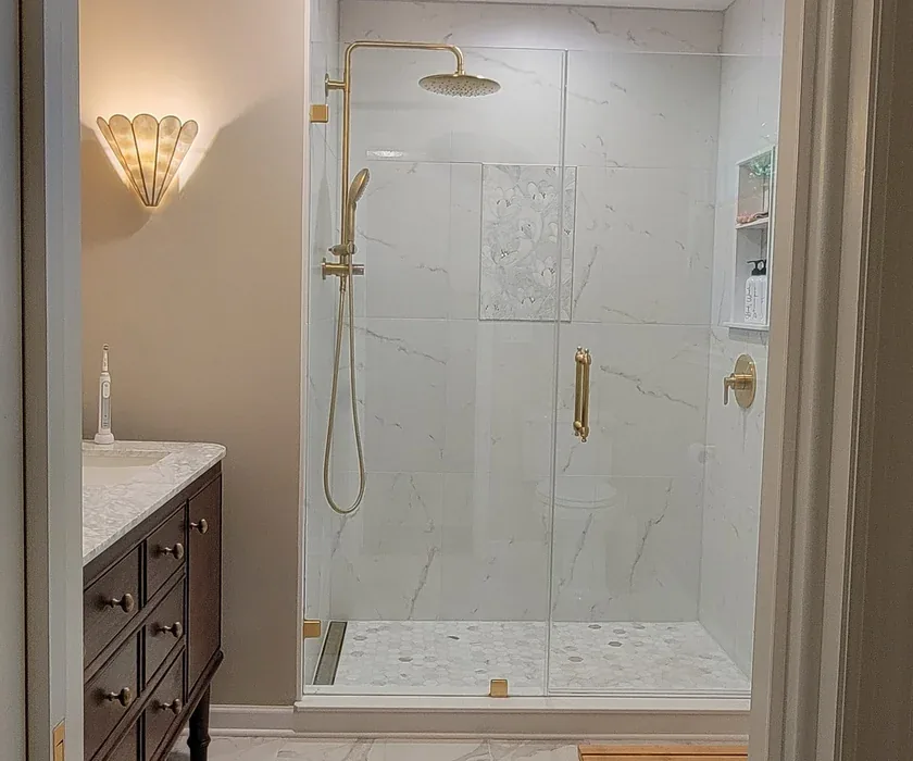 Guest bathroom remodel with ceramic tile floor, vanity and stone countertop